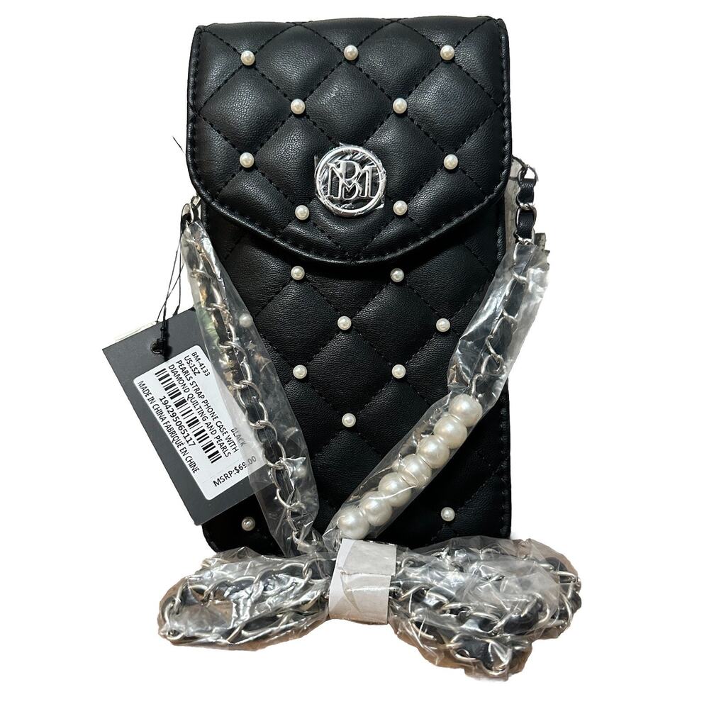 NEW Badgley‎ Mischka Black Quilted Vegan Leather Phone Holder Crossbody Bag $69